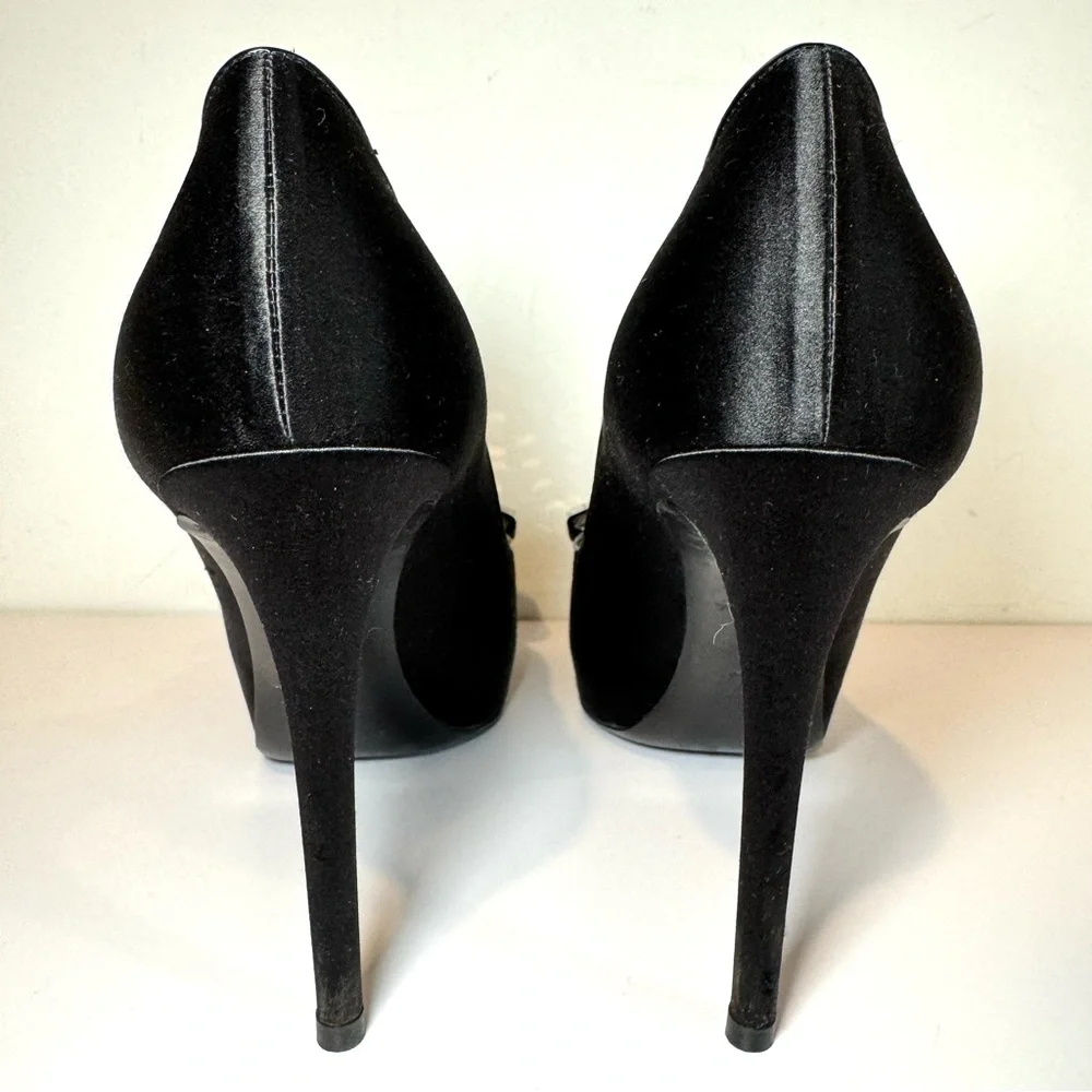 Louis Vuitton Music Hall Black Satin Peep Toe Heel W Mirror Crystal Logo Sz 38.5